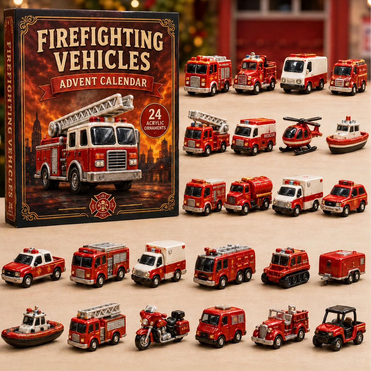Firefighting Vehicles Advent Calendar 2026 - 24-Day Festive Countdown, Acrylic Charms Blind Box