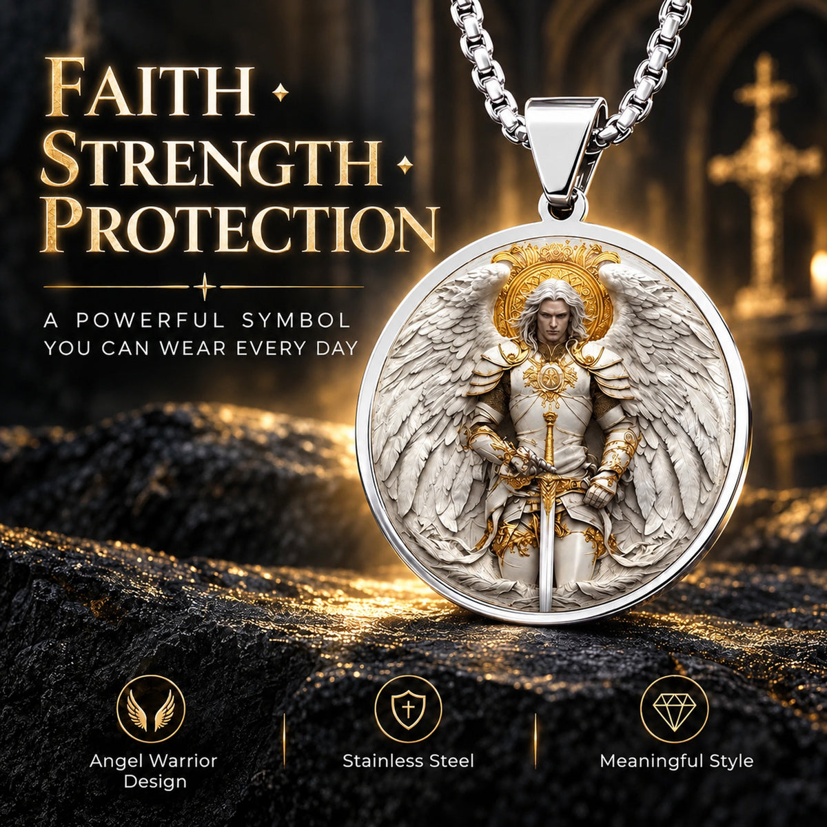 Angel Warrior Pendant Necklace for Men — Faith, Strength & Protection