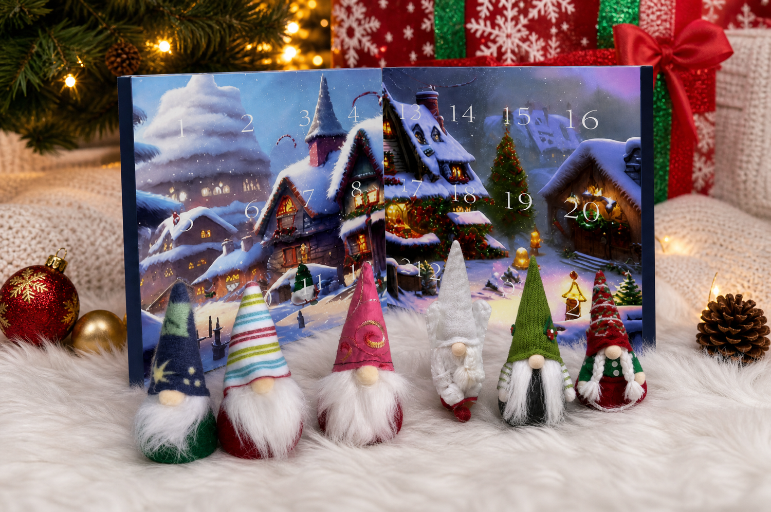 Christmas gnome collection in front of advent calendar