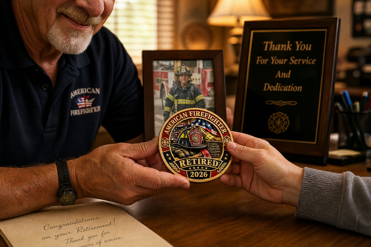 Retired firefighter receiving a commemorative coin