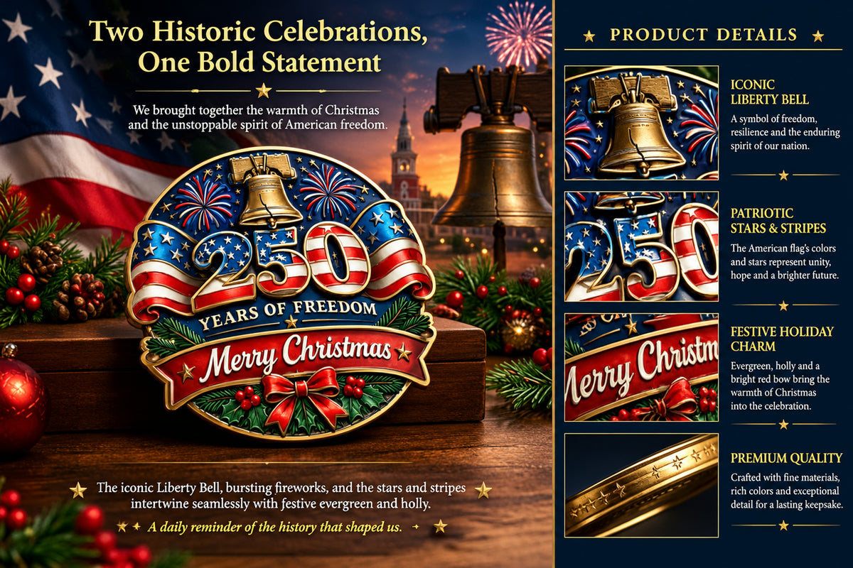 Christmas and America 250th Anniversary commemorative design featuring the Liberty Bell, fireworks, American flag and festive greenery