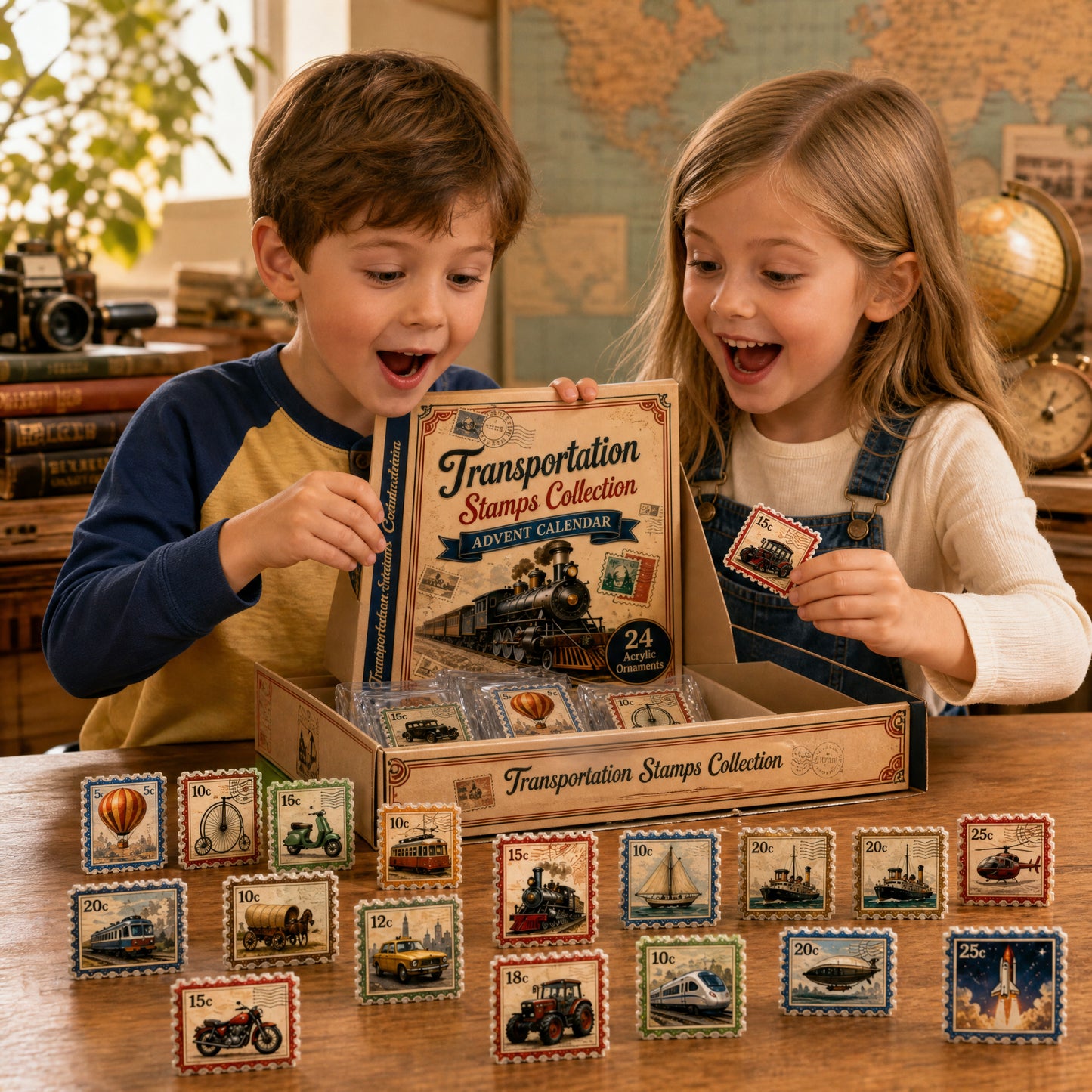 Transportation Stamps Collection Advent Calendar 2026 - 24-Day Festive Countdown, Acrylic Charms Blind Box