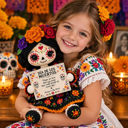 Handcrafted Día de los Muertos Crochet Doll – Sugar Skull Catrina Figurine with Floral Dress & Memorial Sign
