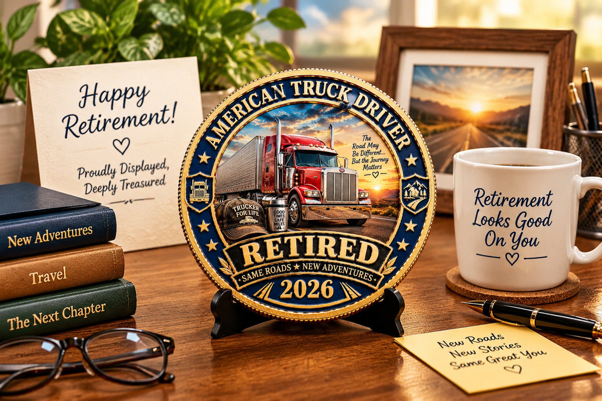 Truck driver retirement commemorative coin displayed on desk