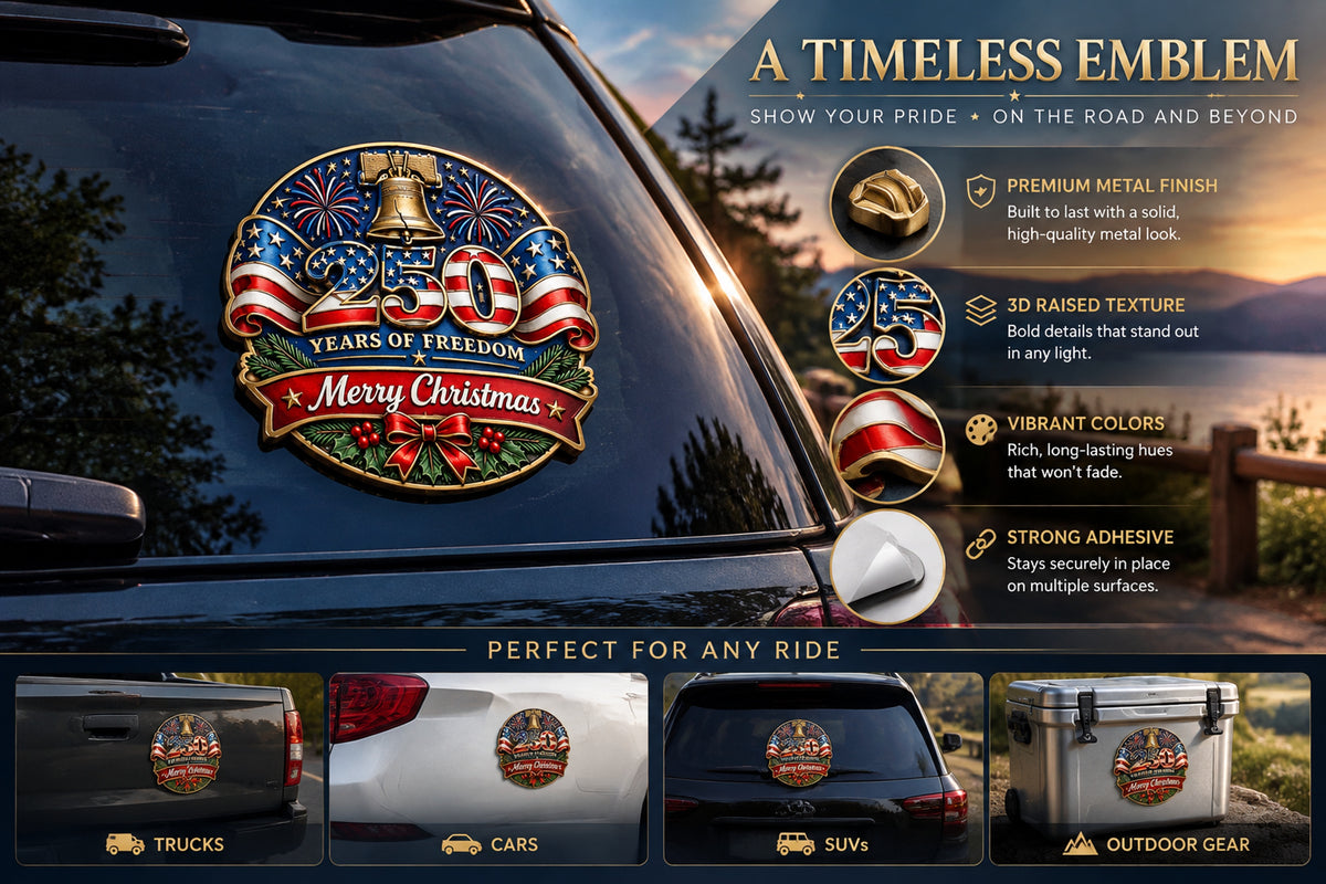 Christmas and America 250th Anniversary commemorative emblem with raised metal-style visual detail