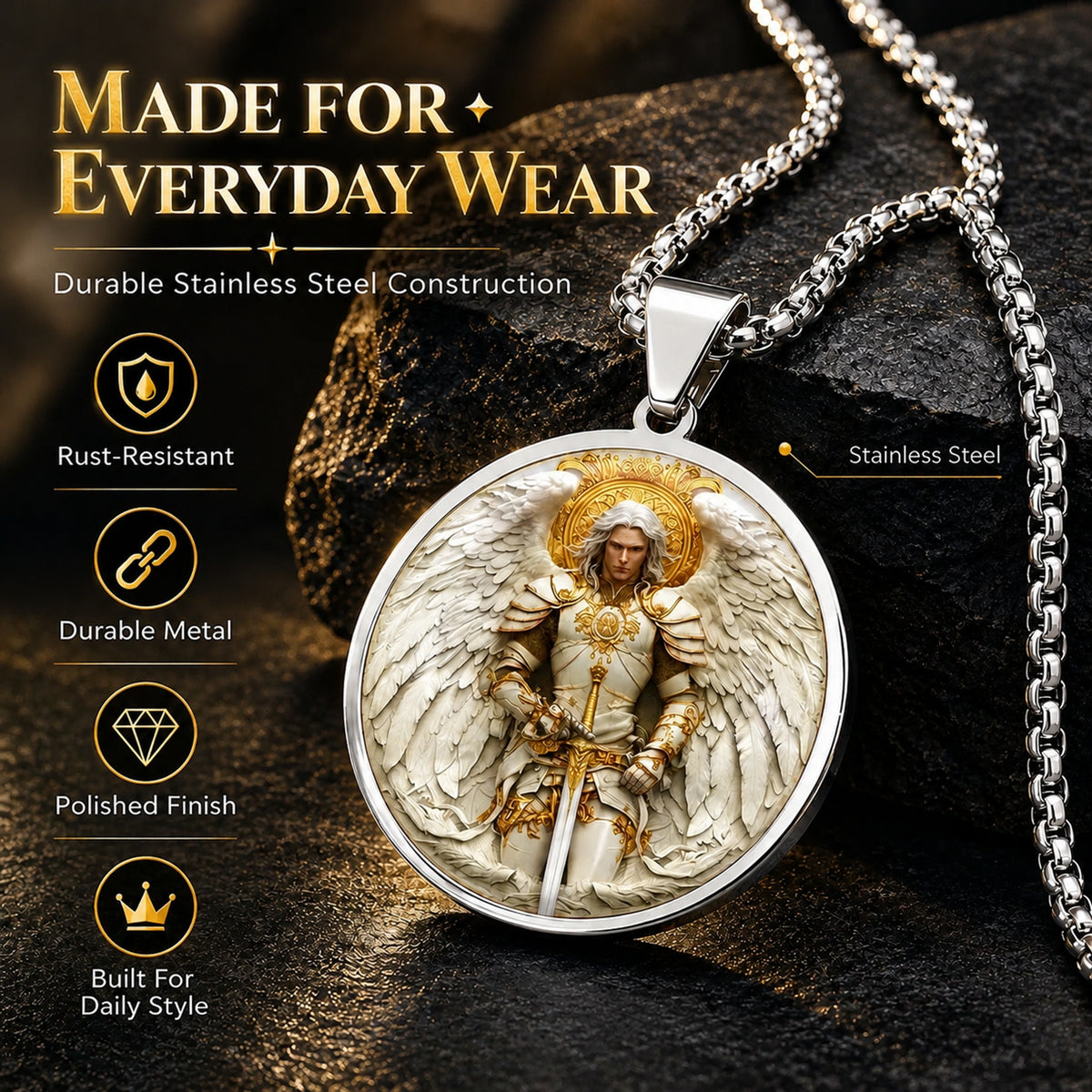 Angel Warrior Pendant Necklace for Men — Faith, Strength & Protection