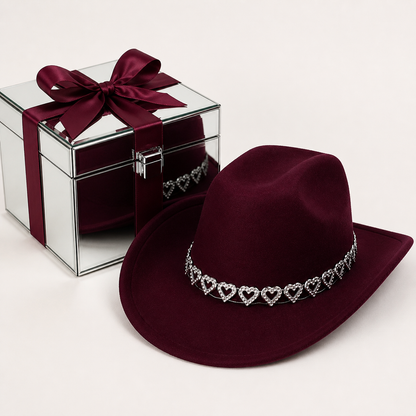 Women's Classic Wide Brim Western Cowboy Hat with Heart Chain