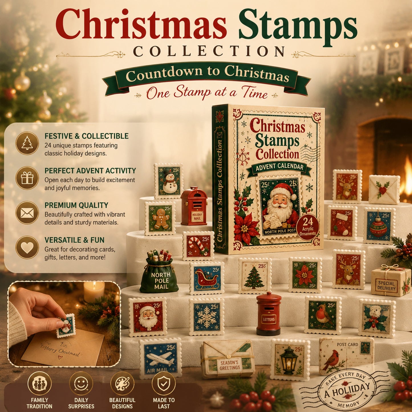 Christmas Stamps Collection Advent Calendar 2026 - 24-Day Festive Countdown, Acrylic Charms Blind Box