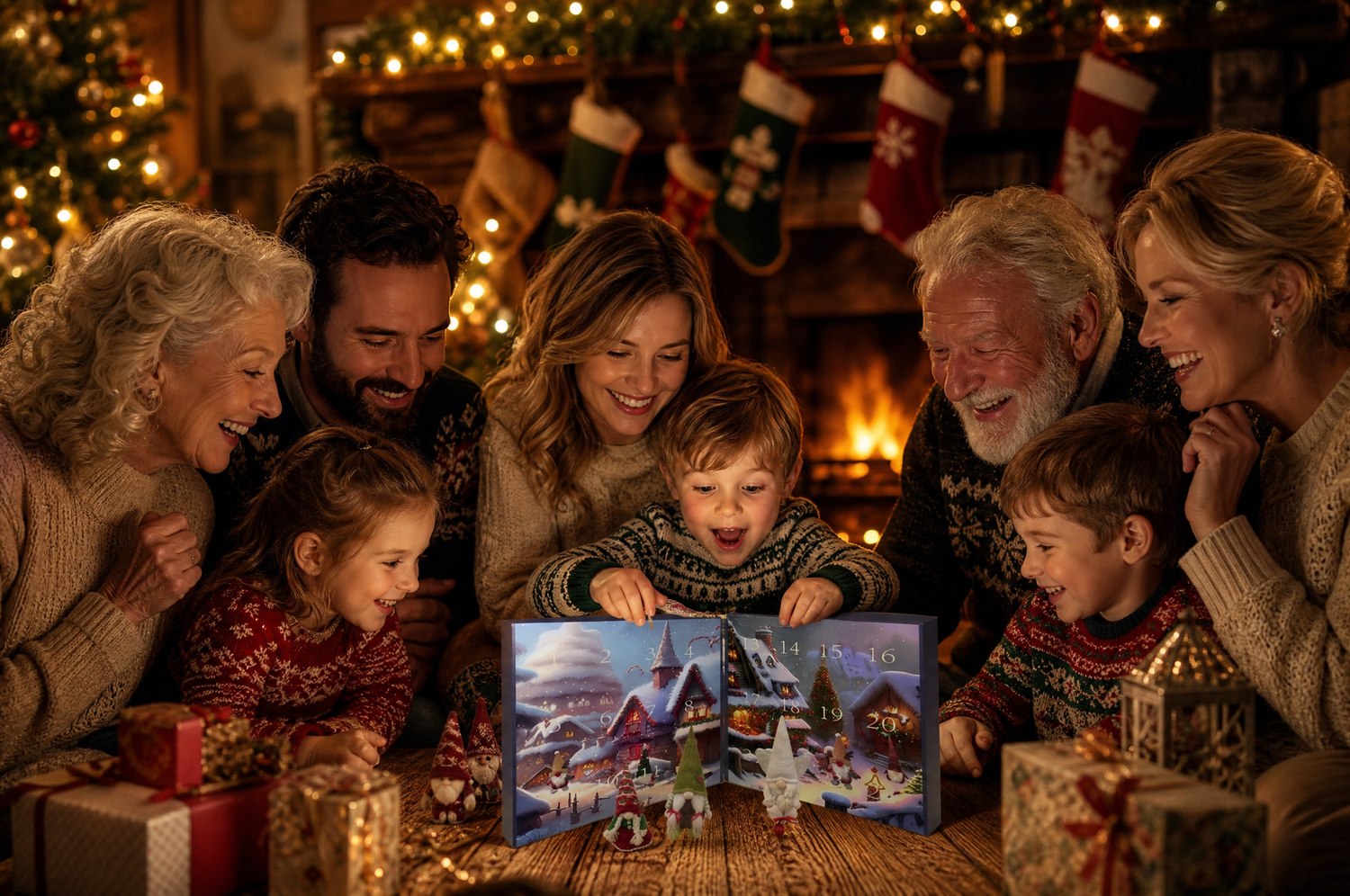 Family opening Christmas gnome advent calendar