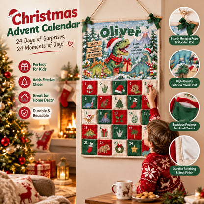 Christmas Dinosaur - Personalized Fabric Advent Calendar - Christmas Gift For Kids, Family Members