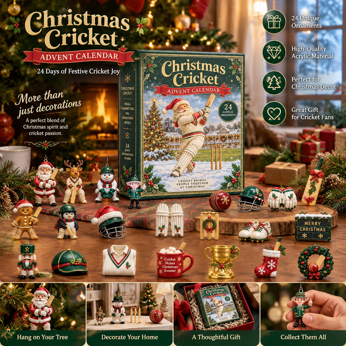 Christmas Cricket Advent Calendar 2026 - 24-Day Festive Countdown, Acrylic Charms Blind Box - Gift For Cricket Lovers AC0NT296