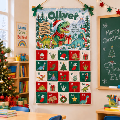 Christmas Dinosaur - Personalized Fabric Advent Calendar - Christmas Gift For Kids, Family Members