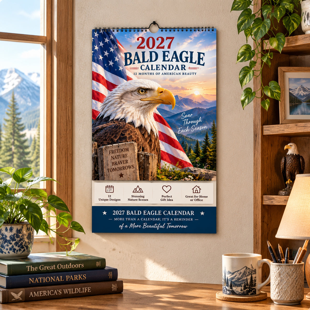 🦅 2027 Bald Eagle Wall Calendar – 12 Months of Freedom & American Beauty