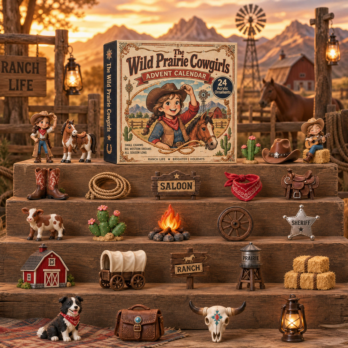 Wild Prairie Cowgirls Advent Calendar 2026 - 24-Day Festive Countdown, Acrylic Charms Blind Box