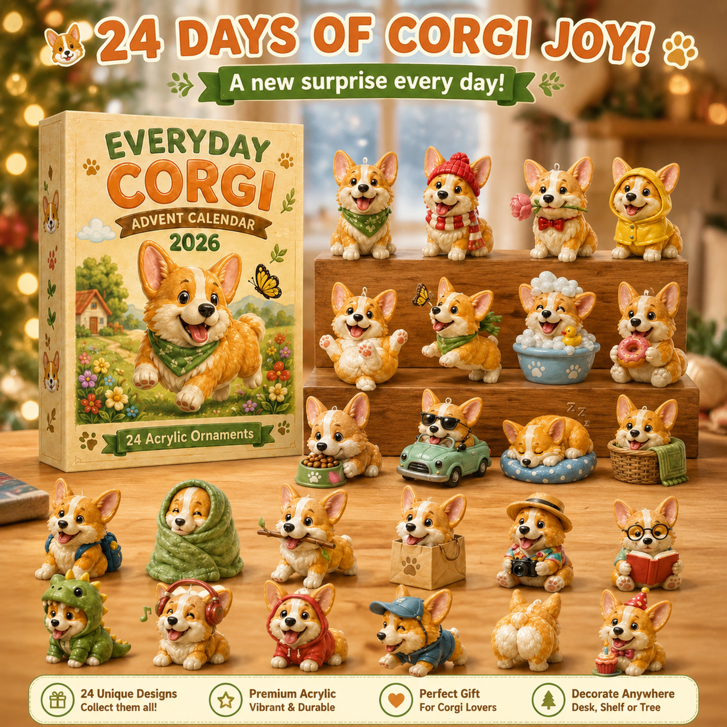 Everyday Corgi Advent Calendar 2026 - 24-Day Festive Countdown, Acrylic Charms Blind Box - Gift For Corgi Lovers