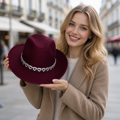 Women's Classic Wide Brim Western Cowboy Hat with Heart Chain