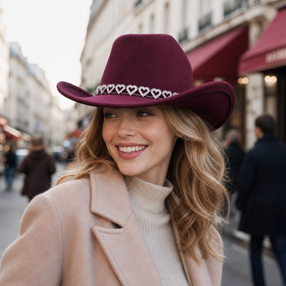 Women's Classic Wide Brim Western Cowboy Hat with Heart Chain