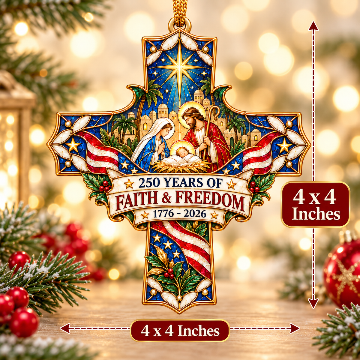 250 Years of Faith & Freedom Nativity Cross Ornament – 1776–2026 Christmas Keepsake