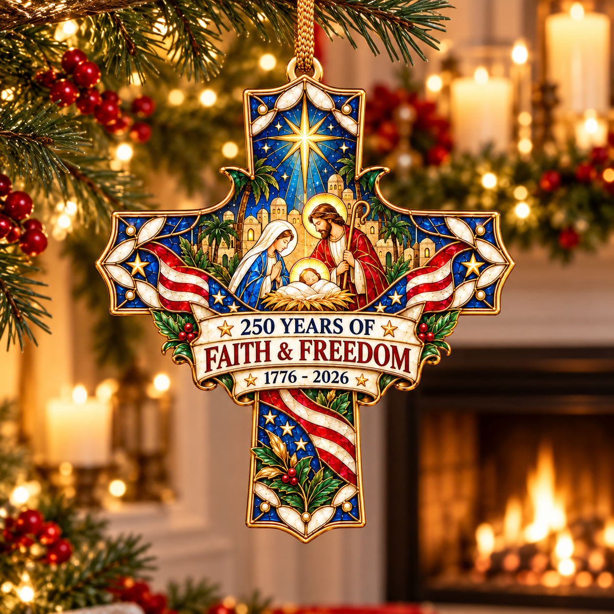 250 Years of Faith & Freedom Nativity Cross Ornament – 1776–2026 Christmas Keepsake