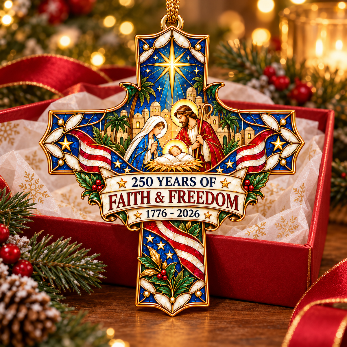 250 Years of Faith & Freedom Nativity Cross Ornament – 1776–2026 Christmas Keepsake
